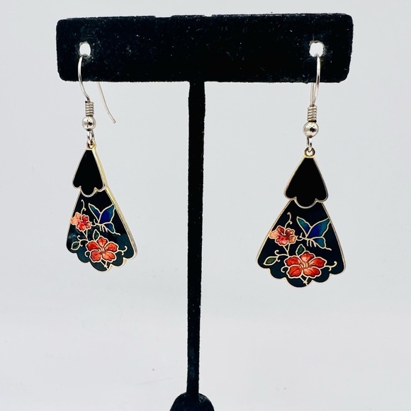 Vintage cloisonné dangle earrings silver black floral butterfly - Picture 1 of 8